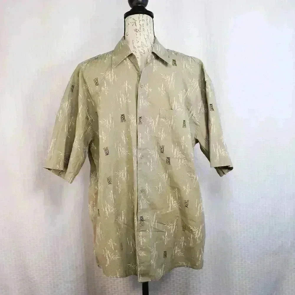 Oleg Cassini XL Linen/cotton blend bamboo print short sleeve button down shirt